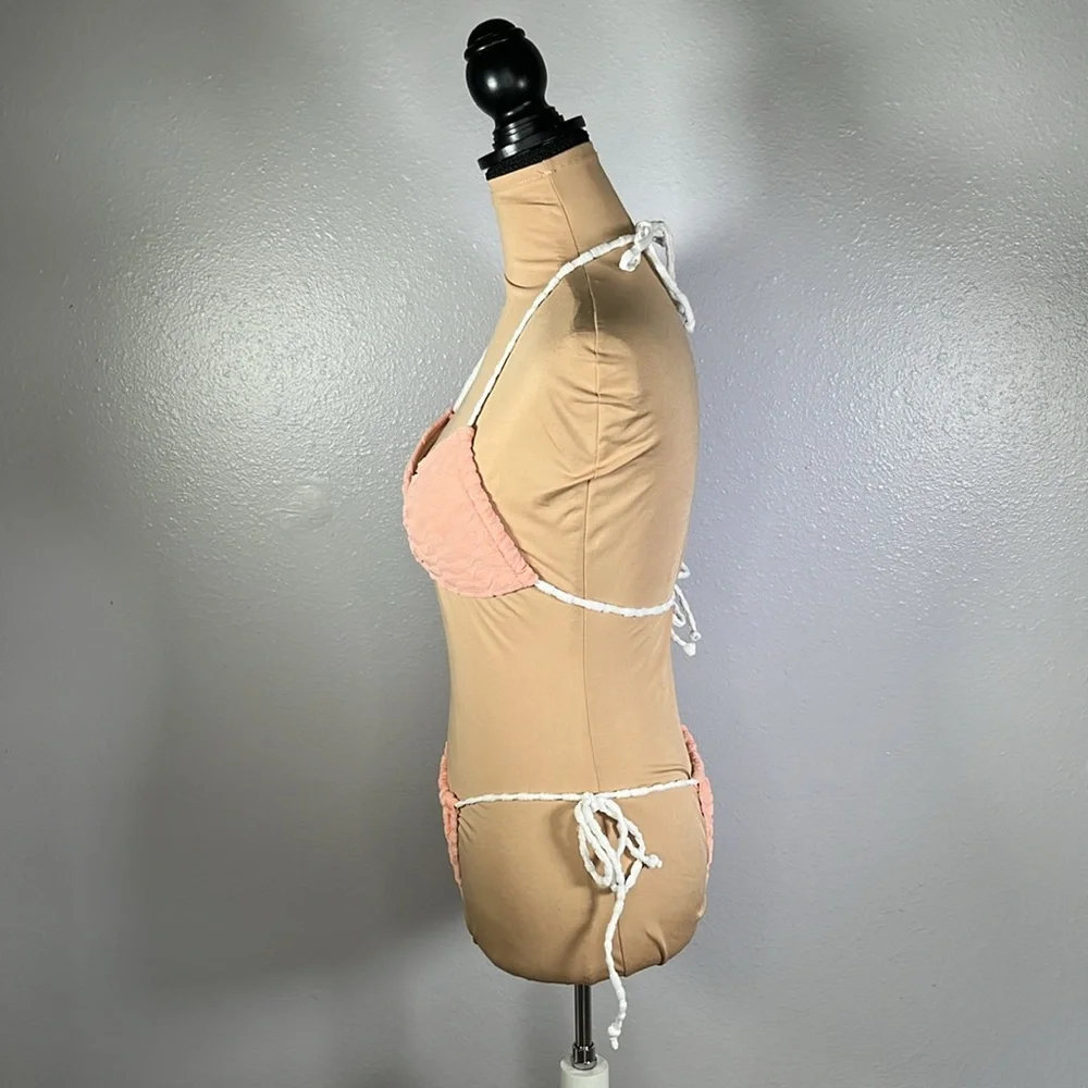 Peach terry cloth Y2K textured ring linked tie string beach vacation bikini sz S
